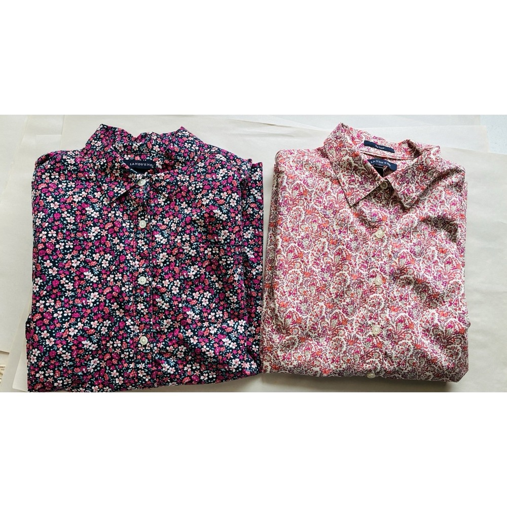 Lands End Lot Of 2 Long Sleeve Button Up Shirt 10P Floral 100% Cotton Cottage
